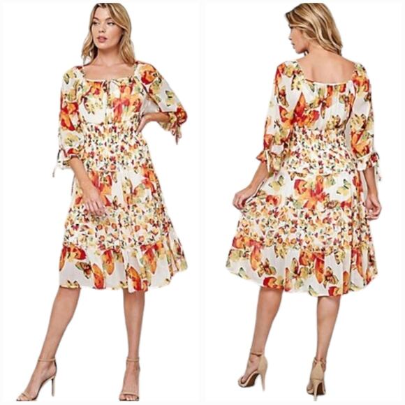 FIGUEROA AND FLOWER ORANGE AND YELLOW RUCHED MIDI DRESS PLUS SIZE 2X 3X NEW!! - Picture 1 of 13